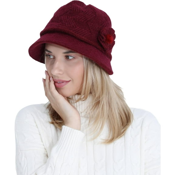 Kiibsot Women Winter Warm Knit Beanie Hat Crochet Visor Brim Cap with Sequined Flower Accent