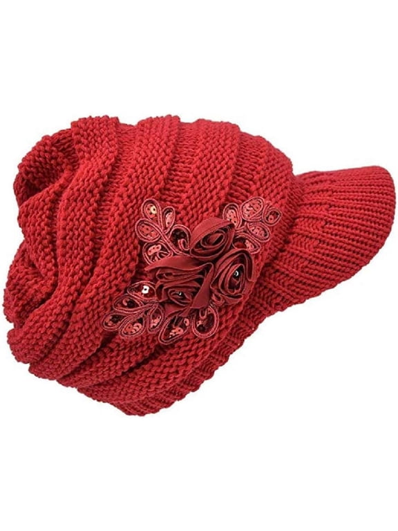 Women Winter Warm Knit Beanie Hat Crochet Visor Brim Cap with Sequined Flower Accent