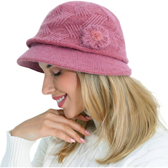 Kiibsot Women Winter Warm Knit Beanie Hat Crochet Visor Brim Cap with Sequined Flower Accent
