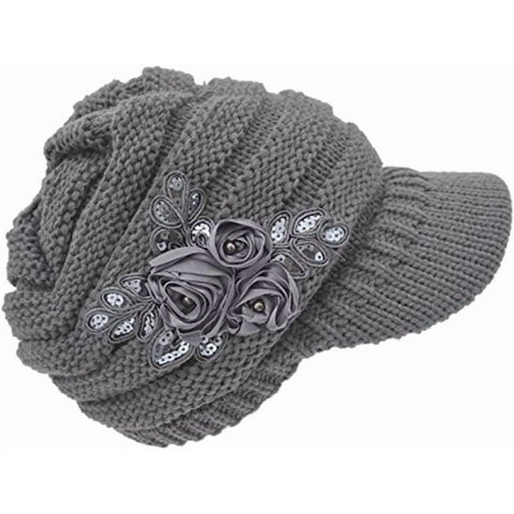 Kiibsot Women Winter Warm Knit Beanie Hat Crochet Visor Brim Cap with Sequined Flower Accent