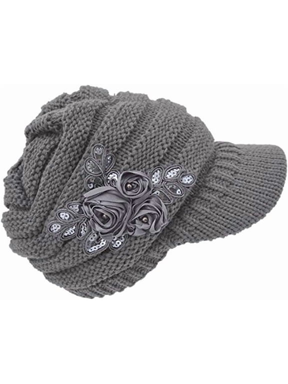 Women Winter Warm Knit Beanie Hat Crochet Visor Brim Cap with Sequined Flower Accent