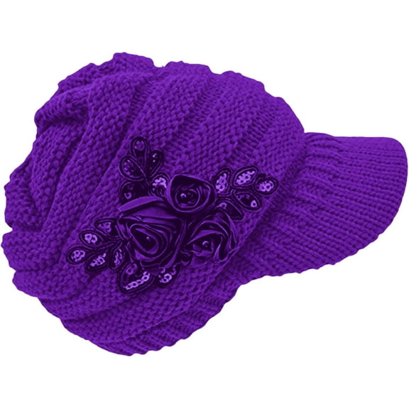 Kiibsot Women Winter Warm Knit Beanie Hat Crochet Visor Brim Cap with Sequined Flower Accent