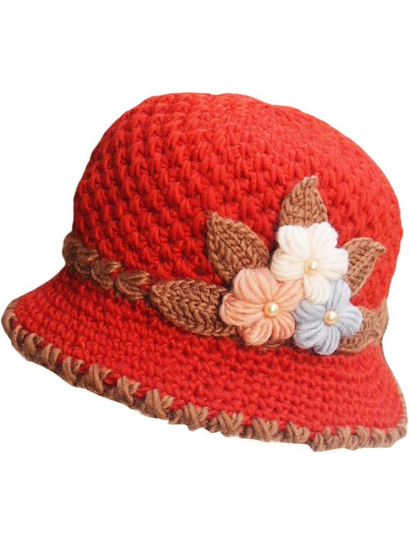Women's Fashion French Style Knitted Beanie Hat, Flowers Decor Crochet Wool Hat for Winter, Warm Bucket Hat