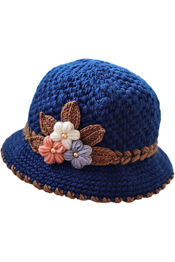 Women's Fashion French Style Knitted Beanie Hat, Flowers Decor Crochet Wool Hat for Winter, Warm Bucket Hat