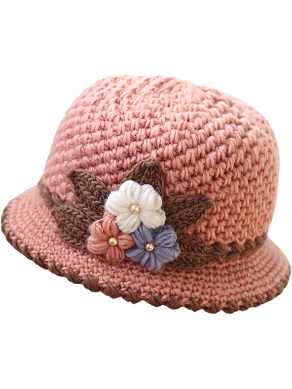 Women's Fashion French Style Knitted Beanie Hat, Flowers Decor Crochet Wool Hat for Winter, Warm Bucket Hat