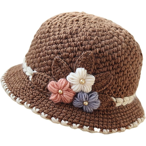 Kiibsot Women's Fashion  French Style Knitted Beanie Hat, Flowers Decor Crochet Wool Hat for Winter, Warm Bucket Hat