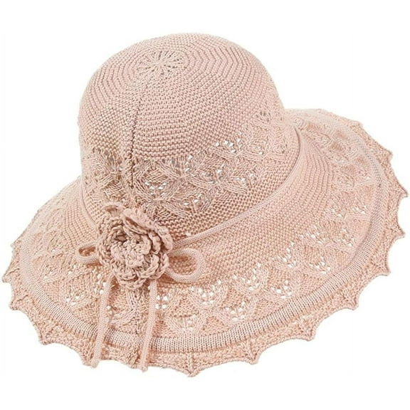 Kiibsot Womens Ruffled Flowers Summer Beach Hat Wide Brim Knitted Sun Hats Foldable Floppy Summer Cap for Travel