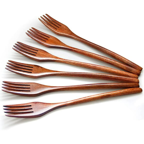 Kiibsot Wooden Forks, 6 Pack Eco-friendly Japanese Wood Salad Dinner Forks Wooden Forks for Adult, Reusable Handmade Natural Wood Flatware Forks Set for Cooking Stirring Eating, 8.8inch