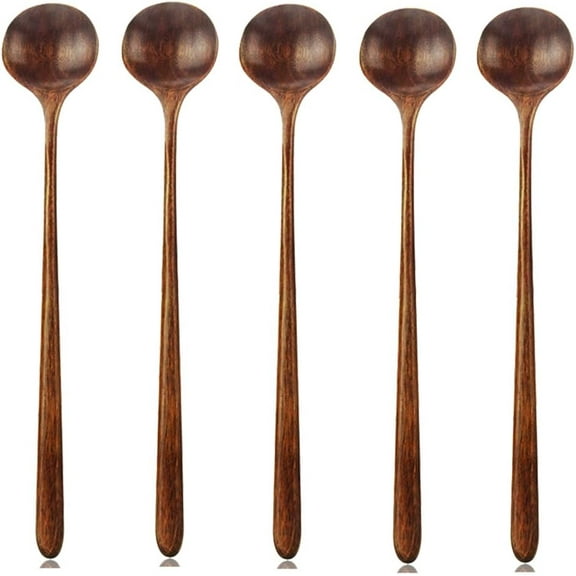 Kiibsot Wooden Long Spoons Set of 5, Korean Style Soup Spoon, 10.9 inches 100% Natural Wood Long Handle Round Spoons for Soup Cooking Mixing Kitchen Tools