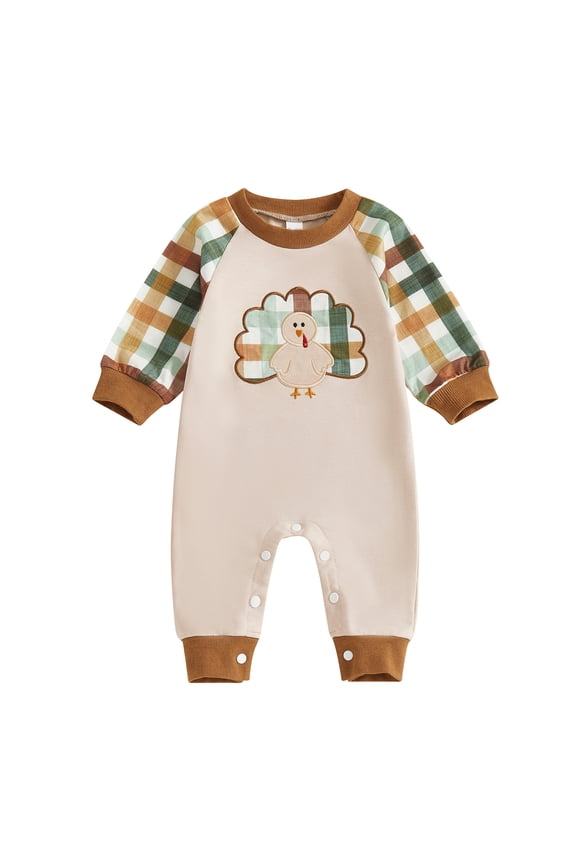 Baby Boys Thanksgiving Turkey Embroidery Jumpsuit Long Sleeve Romper Outfit, Sizes 12-18M
