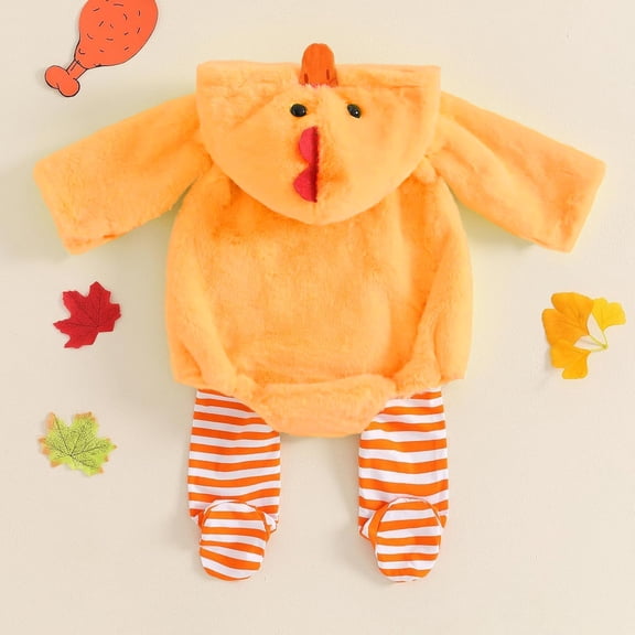 Kiijoy Baby Flannel Chick Fuzzy Hooded Romper Striped Leggings Outfits, 2-Piece, Sizes 12-18M