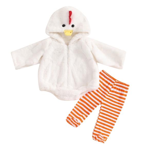 Kiijoy Baby Flannel Chick Fuzzy Hooded Romper Striped Leggings Outfits, 2-Piece, Sizes 18-24M