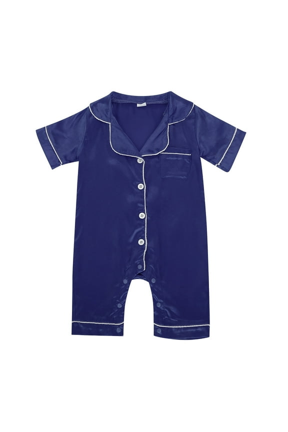 Baby Girl Boy Satin Pajama Romper Button Down Short Sleeve Jumpsuit, Sizes 0-24M