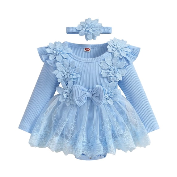 Kiijoy Baby Girl Long Sleeve Lace Romper Bodysuit Dress Headband Outfits, Size 0-18 Months