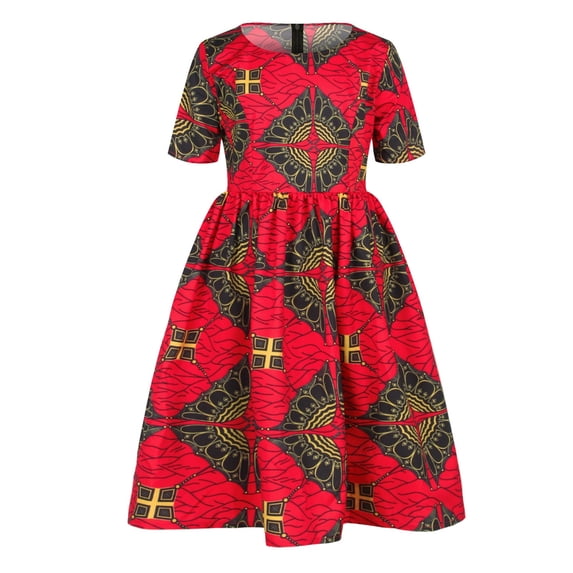 Kiijoy Baby Girls Ankara Dashiki Dress Ethnic Style Short Sleeve Skater Dress, Sizes 1-6