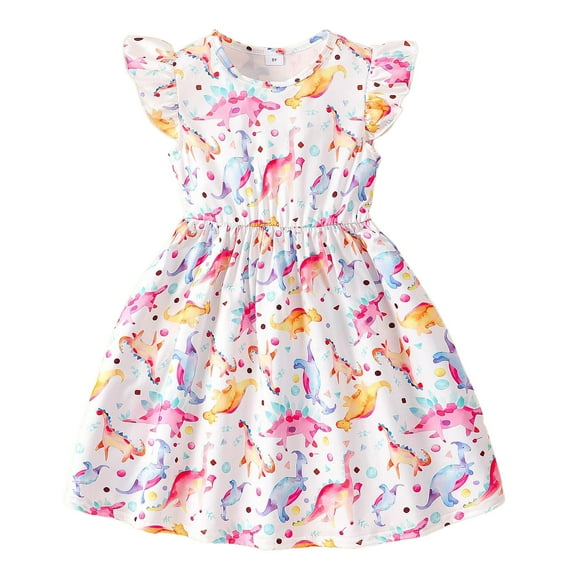 Kiijoy Baby Girls Dinosaur Skater Dress Cute Flutter Sleeve Short Dress, Sizes 2-7
