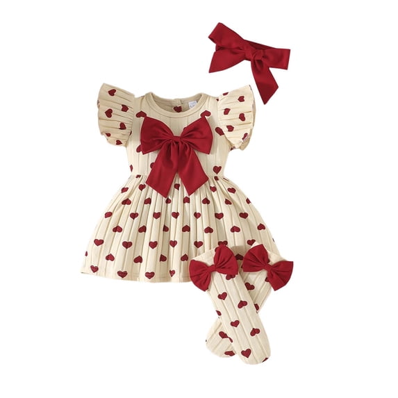 Kiijoy Baby Girls Floral Bow Cotton Flutter Sleeve Dress Stockings Headband 3Pc Set