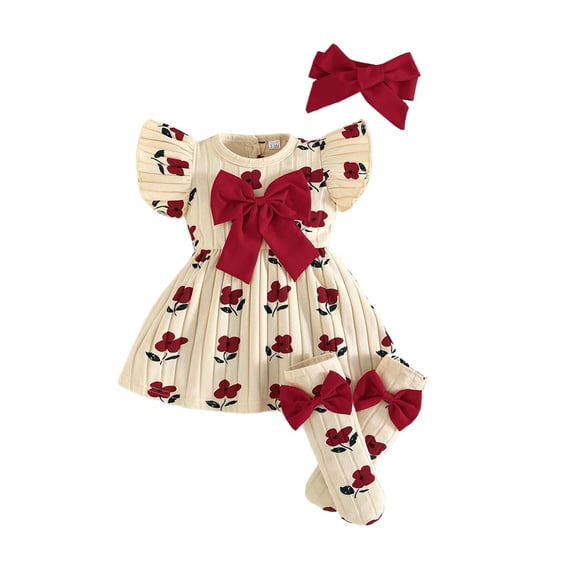 Kiijoy Baby Girls Floral Bow Cotton Flutter Sleeve Dress Stockings Headband 3Pc Set