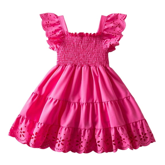 Kiijoy Baby Girls Flutter Sleeve Smocked Dress Square Neck Tiered Dress, Sizes 12M-5T