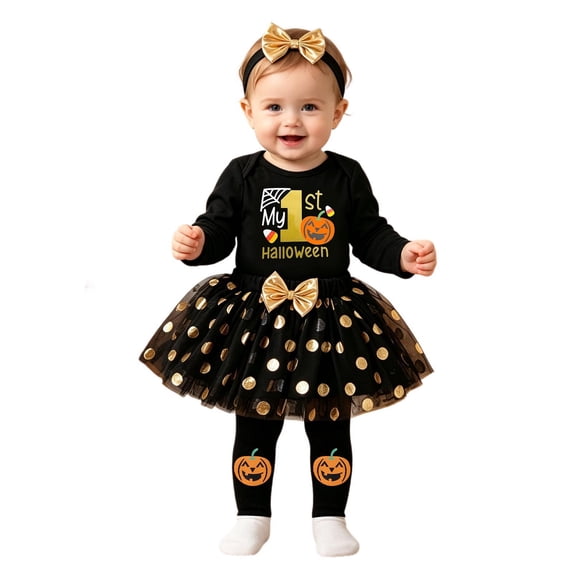Kiijoy Baby Girls "My First Halloween" 4-Piece Outfits Long Sleeve Romper with Tutu Skirt Headband Leg Warmers, Size 1-18 Months