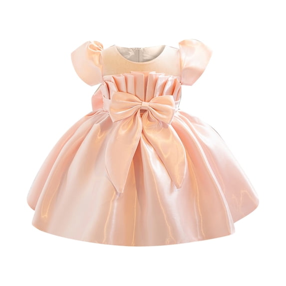 Kiijoy Baby Girls Satin Bow Wedding Birthday Party Pageant Baptism Dress, Pink, Size 6M-3T