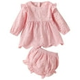 thumbnail image 1 of Kiijoy Baby Girls Solid Lace Ruffle Eyelet Long Sleeve Romper Dress with Shorts Outfit Set, Size 3-24 Months, 1 of 7