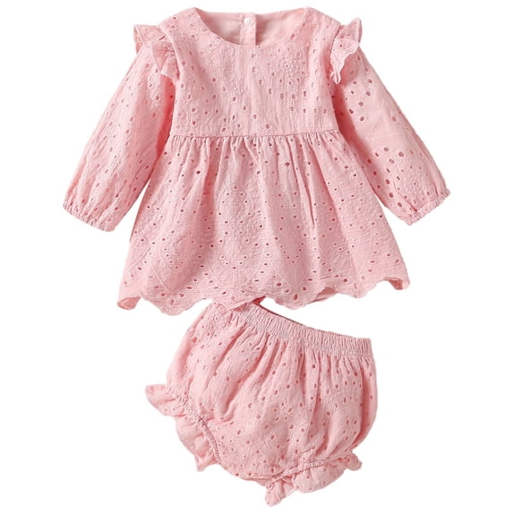 Kiijoy Baby Girls Solid Lace Ruffle Eyelet Long Sleeve Romper Dress with Shorts Outfit Set, Size 3-24 Months