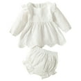 thumbnail image 1 of Kiijoy Baby Girls Solid Lace Ruffle Eyelet Long Sleeve Romper Dress with Shorts Outfit Set, Size 3-24 Months, 1 of 5