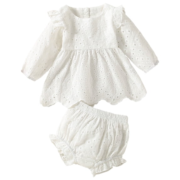 Kiijoy Baby Girls Solid Lace Ruffle Eyelet Long Sleeve Romper Dress with Shorts Outfit Set, Size 3-24 Months