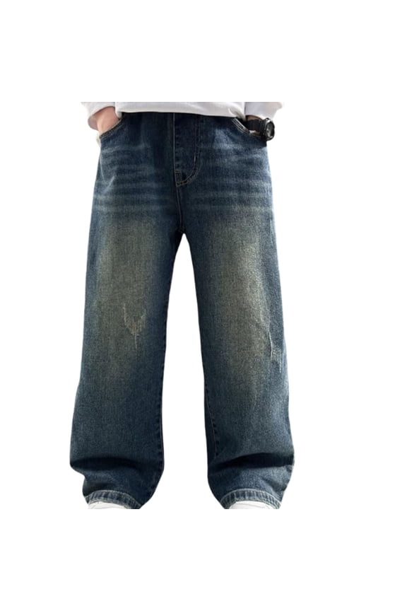 Big Boy's Loose Straight Leg Jeans Casual Pull-On Denim Pants, Sizes 9-10