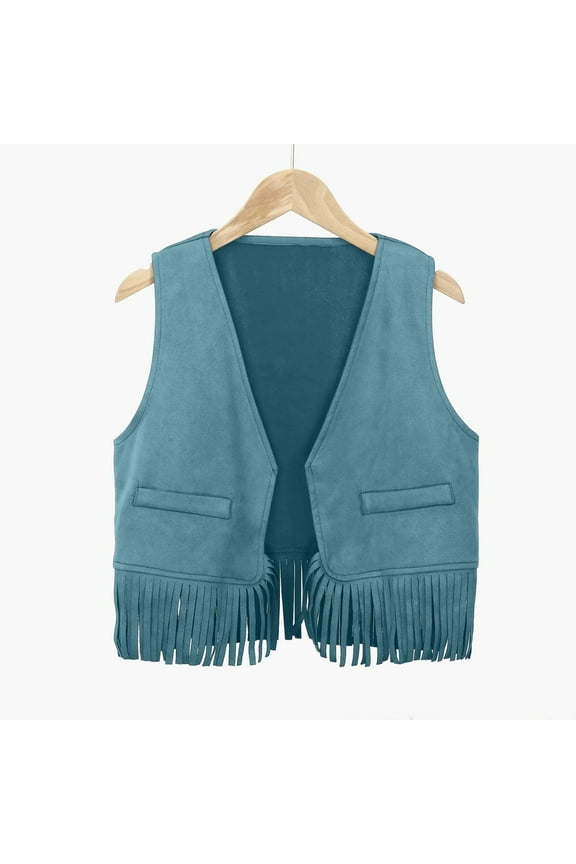 Big Boys Cowboy Denim Fringe Vest Party Sleeveless Jacket Waistcoat, Sizes 7-8