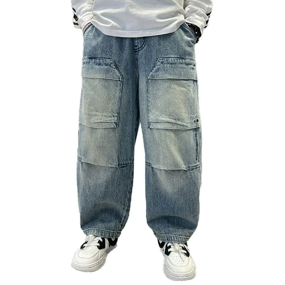 Kiijoy Big Boys Denim Cargo Pants Loose Fit Straight Leg Jeans Trousers, Sizes 7-8