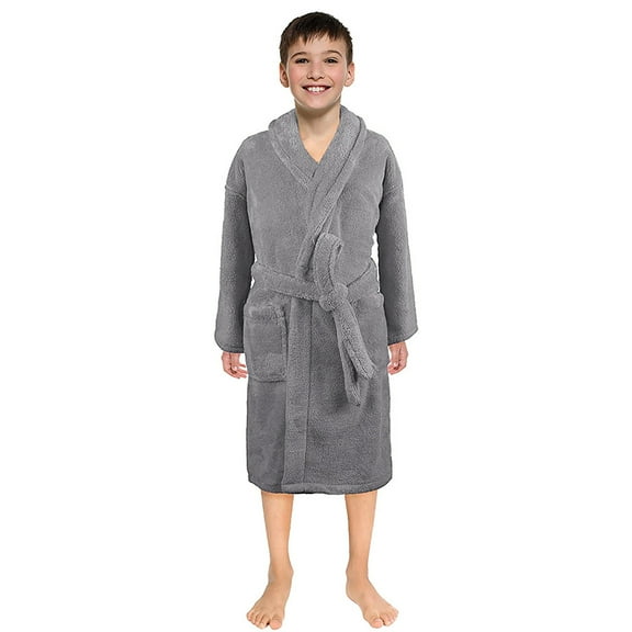 Kiijoy Big Boys Flannel Sleepwear Robe Unisex Solid Fuzzy Cozy Bathrobe, Sizes 9-12