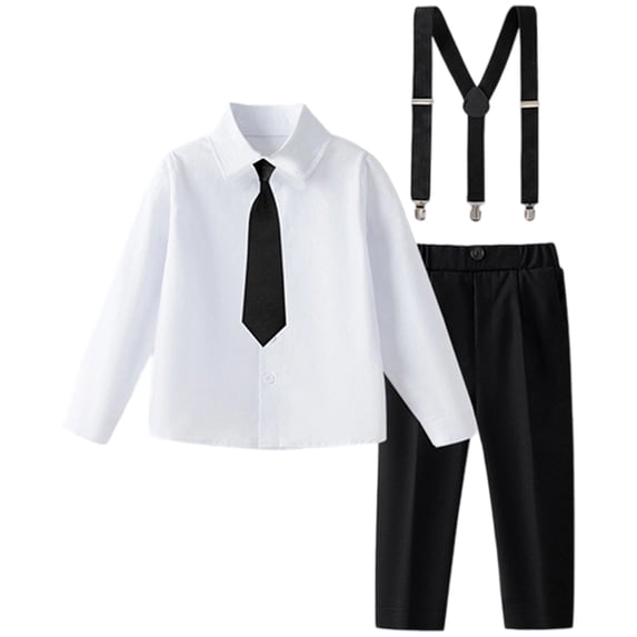 Kiijoy Big Boys Formal Suit Long Sleeve Dress Shirt Suspender Pants Tie Outfits, Sizes 11-12