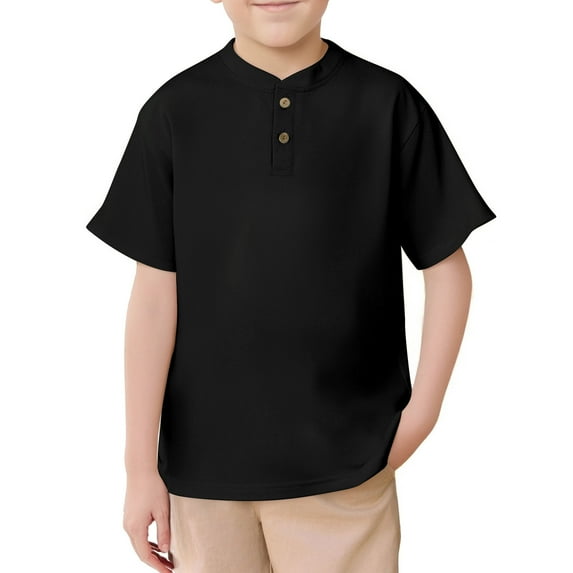 Kiijoy Big Boys Henley T Shirt Solid Color Short Sleeve T-Shirt, Black