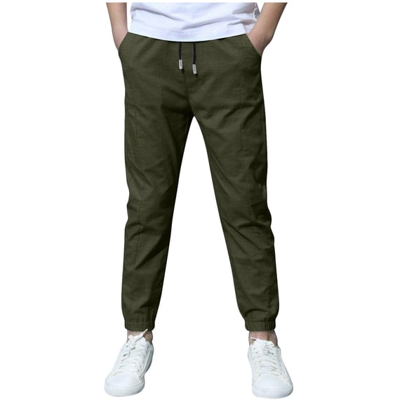 Kiijoy Big Boys Linen Pants Breathable Drawstring Trousers Lightweight Joggers, Sizes 10-11