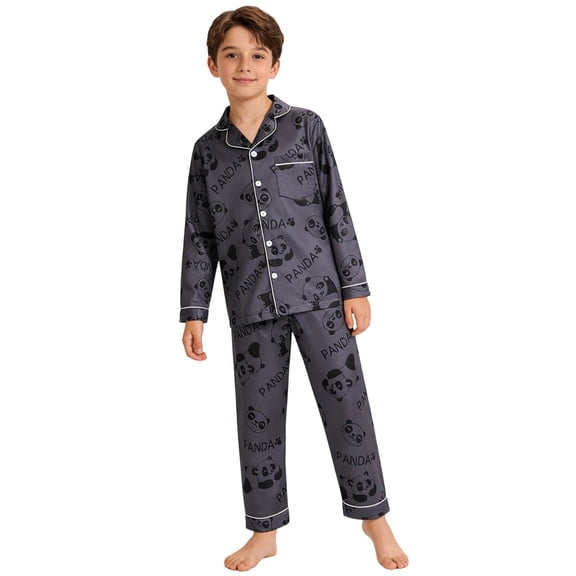 Kiijoy Big Boys Satin Pajamas Cartoon Long Sleeve Button Top Pants PJs, Sizes 9-10