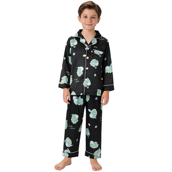 Kiijoy Big Boys Satin Pajamas Cartoon Long Sleeve Button Top Pants PJs, Sizes 9-10