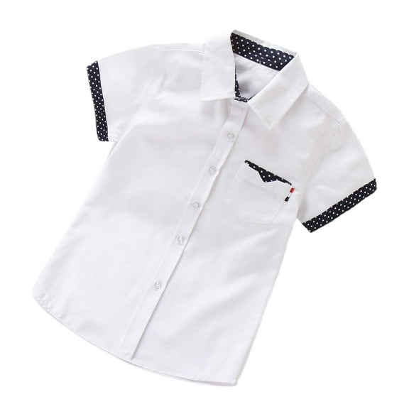 Kiijoy Big Boys Short Sleeve Button-Down Shirt Summer Casual Cotton Shirt, White
