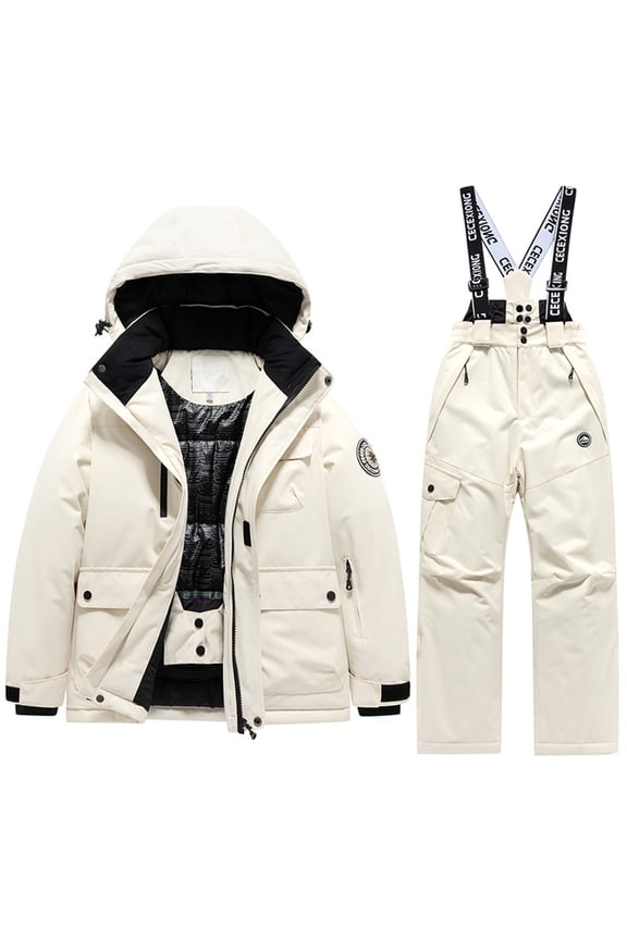 Big Boys Ski Suit Winter Warm Hooded Jacket Suspender Pants Set Snowsuit