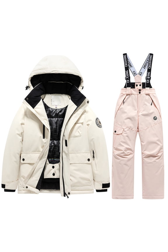 Big Boys Ski Suit Winter Warm Hooded Jacket Suspender Pants Set Snowsuit