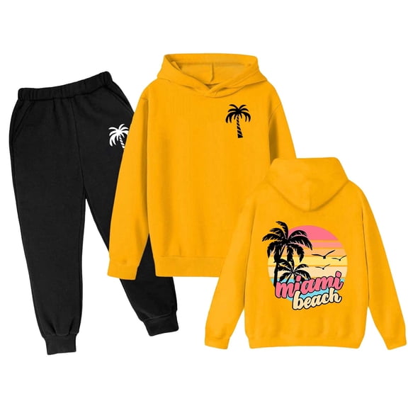 Kiijoy Big Girl's Preppy Outfits Palm Graphic Hoodie Sweatpants Sweatsuit, Sizes 9-10