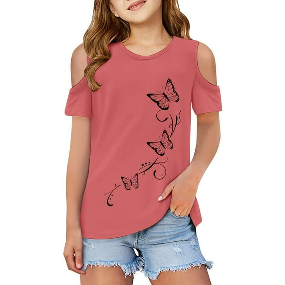 Kiijoy Big Girls Butterfly Print Short Sleeve T-Shirt Loose Summer T Shirt, Sizes 3-12