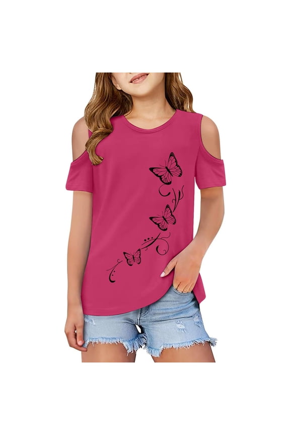 Big Girls Butterfly Print Short Sleeve T-Shirt Loose Summer T Shirt, Sizes 3-12