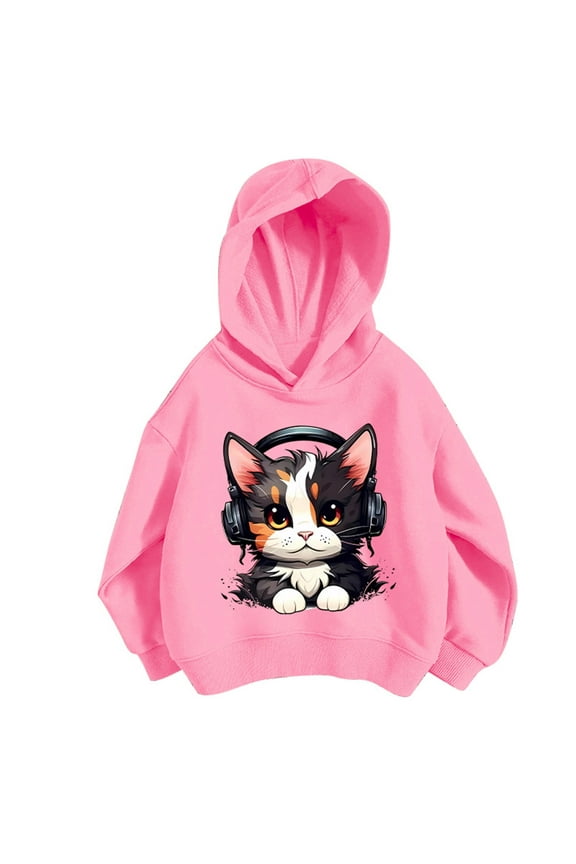 Big Girls Casual Hoodie Cartoon Cat Lightweight Hooded Sweatshirt, Sizes 8-9