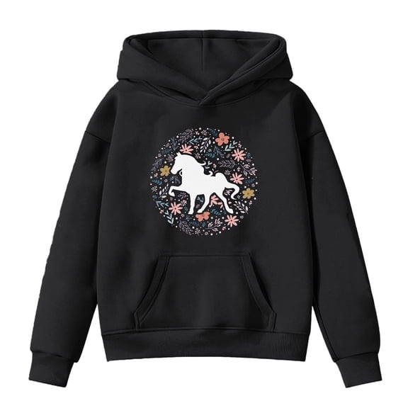 Kiijoy Big Girls Casual Hoodie Horse Print Hooded Sweatshirt Pullover, Sizes 8-9