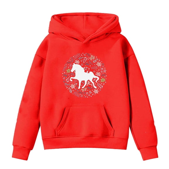 Kiijoy Big Girls Casual Hoodie Horse Print Fleece Hooded Sweatshirt Pullover, Sizes 8-9