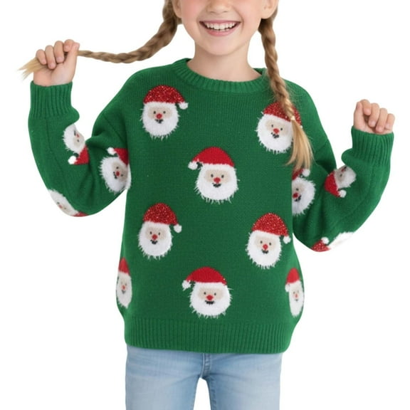 Kiijoy Big Girls Christmas Sweater Santa Knitted Crew Neck Pullover Top, Sizes 7-8