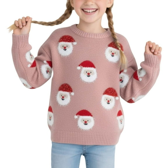 Kiijoy Big Girls Christmas Sweater Santa Knitted Crew Neck Pullover Top, Sizes 7-8
