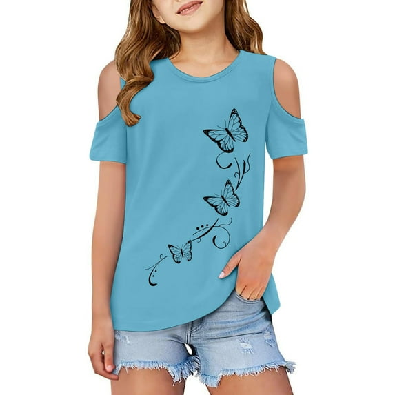 Kiijoy Big Girls Cold Shoulder T-Shirt Butterfly Print Short Sleeve T Shirt, Sizes 3-12